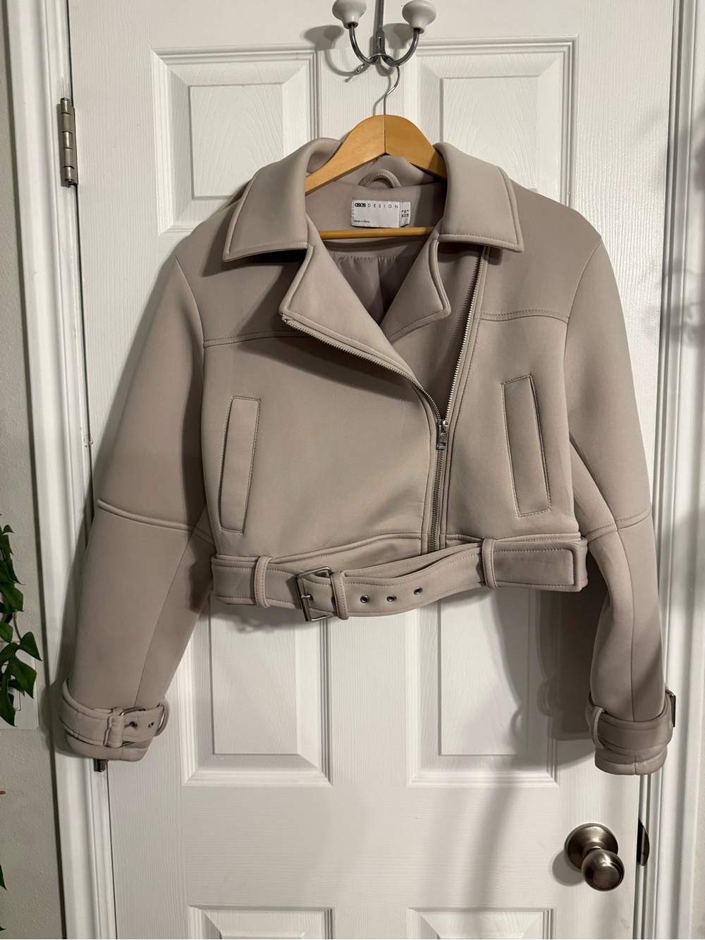 Cropped ASOS Taupe Belted Moto Jacket